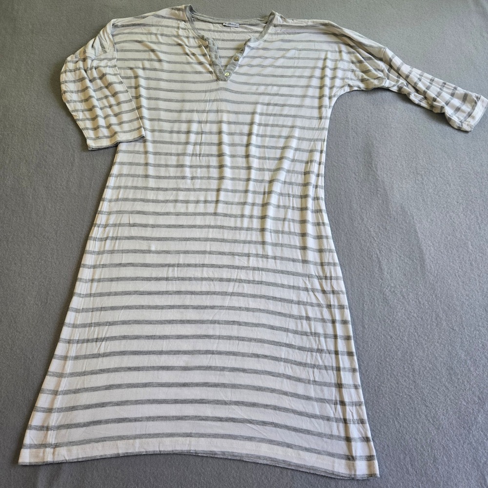 Baksana Nightgown Women Medium Grey‎ White Striped Henley 3/4 Sleeve Loungewear
